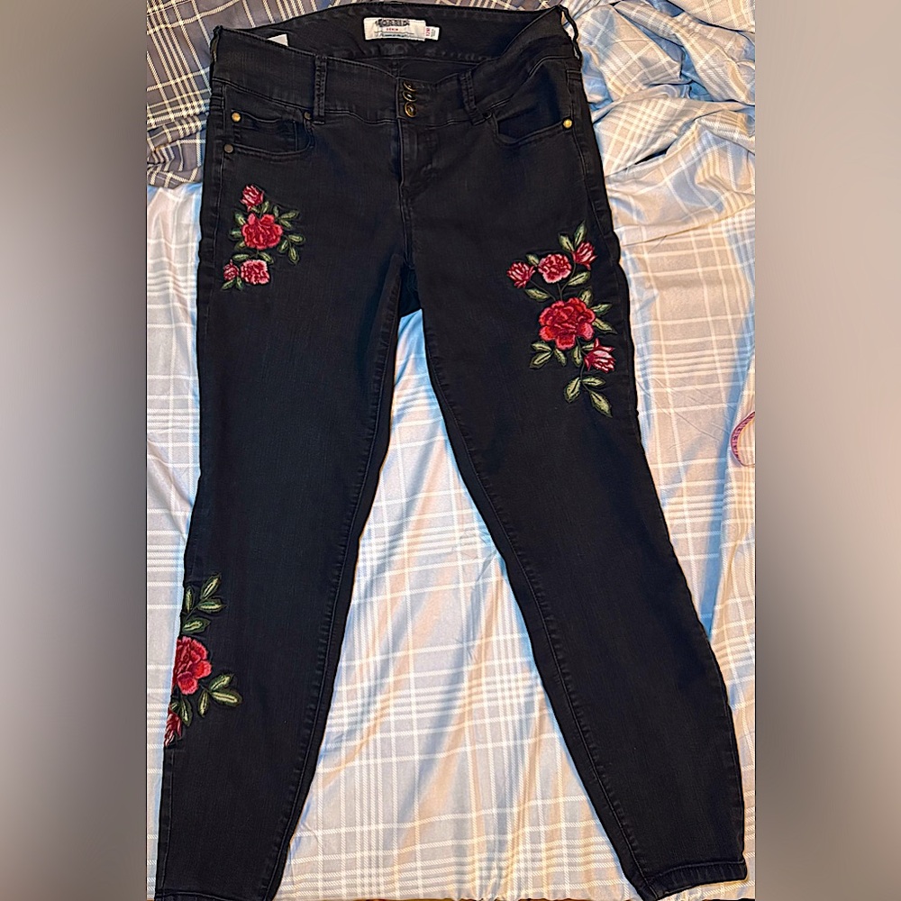 torrid Black Jeans with Red Rose Embroidery